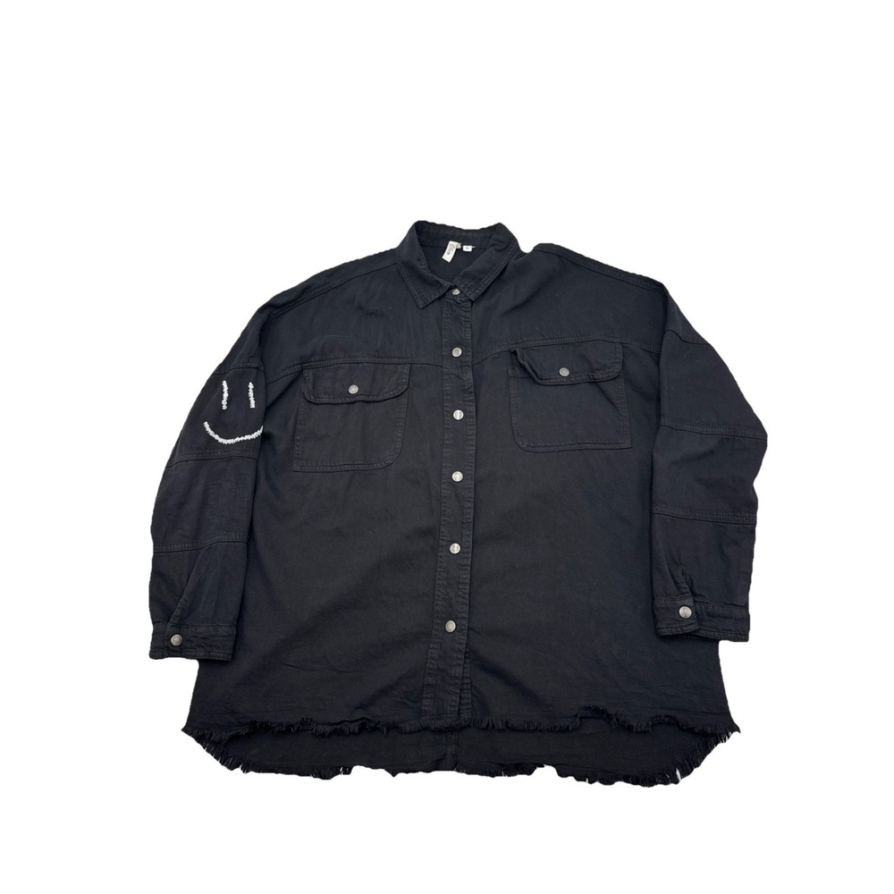 ELAN Embroidered Smiley Face Shacket Black Oversized Size Large Distressed